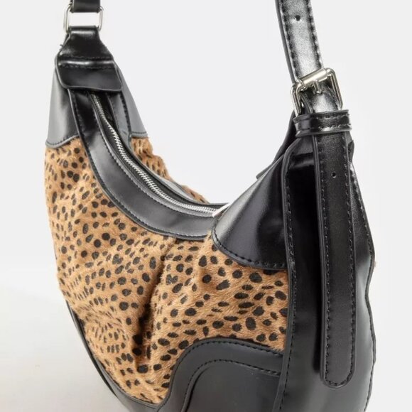 Fame Dark Spotted Leopard Print Half Moon Shoulder Bag - Picture 3 of 5